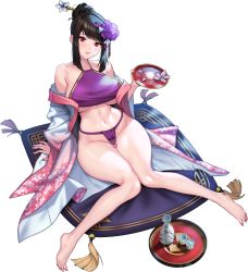 Rule 34 | 1girl, alcohol, black hair, blush, bottle, bra, breasts, c.honey, collarbone, cup, feet, floral print, flower, fundoshi, game cg, gradient kimono, hair bun, hair flower, hair ornament, hair stick, highres, holding, holding cup, japanese clothes, kimono, knees together feet apart, kunoichi zero, large breasts, last origin, linea alba, looking at viewer, mole, mole on breast, nail polish, navel, official alternate costume, official art, parted lips, petals, pillow, pink kimono, pink nails, purple bra, purple flower, purple fundoshi, red eyes, sakazuki, sake, sake bottle, sidelocks, simple background, single hair bun, sitting, smile, solo, transparent background, tray, underboob, underwear, wakamezake, white flower, white kimono