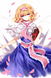 Rule 34 | 1girl, absurdres, alice margatroid, artist name, bad id, bad pixiv id, blonde hair, blue dress, blue eyes, book, capelet, dress, expressionless, hairband, head tilt, highres, holding, holding book, lolita hairband, petals, pink hairband, pink neckwear, pink sash, sash, sheya, short hair, signature, simple background, solo, standing, touhou, white background, white capelet