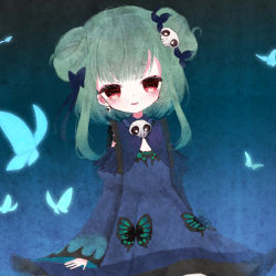 Rule 34 | 1girl, absurdres, black bow, blue dress, blue hair, blush, bow, bug, butterfly, cleavage cutout, clothing cutout, detached sleeves, double bun, dress, flat chest, flower, frilled dress, frills, gradient hair, green hair, hair bow, hair bun, highres, hololive, insect, long sleeves, multicolored hair, nanatsu s, open mouth, red eyes, short dress, short hair with long locks, sidelocks, sleeveless, sleeveless dress, solo, uruha rushia, uruha rushia (1st costume), virtual youtuber, white flower, wide sleeves