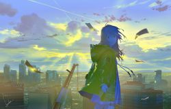 Rule 34 | 1girl, blue hair, blue sky, building, city, cityscape, closed mouth, cloud, cloudy sky, commentary request, contrail, cowboy shot, crane (machine), day, dress, from behind, hood, hood down, long hair, long sleeves, looking at viewer, loundraw, original, outdoors, raincoat, red eyes, signature, sky, skyscraper, solo, standing, sunlight
