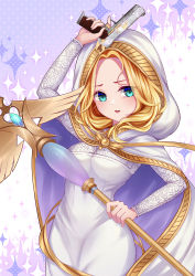 Rule 34 | 1girl, blonde hair, blue eyes, breasts, fire emblem, fire emblem: the sacred stones, gun, handgun, highres, holding, holding gun, holding staff, holding weapon, large breasts, long hair, looking at viewer, meryosie, natasha (fire emblem), nintendo, open mouth, solo, staff, upper body, weapon