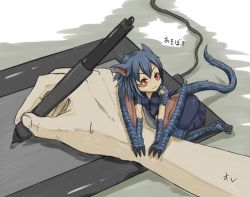 Rule 34 | 1girl, animal ears, blue hair, capcom, claws, drawing tablet, hair between eyes, hitokuirou, mini person, minigirl, monster girl, monster hunter (series), nargacuga, personification, red eyes, scales, sitting, smile, stylus, tail, wings