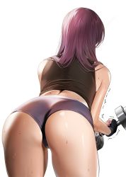 Rule 34 | 1girl, ass, bent over, damda, dumbbell, exercising, fate/grand order, fate (series), female focus, from behind, long hair, motion lines, purple hair, scathach (fate), short shorts, shorts, simple background, solo, sweat, thighs, trembling, very long hair, weightlifting, white background