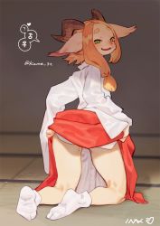 Rule 34 | 1other, :3, ?, androgynous, animal ears, artist name, bebebe, blonde hair, blush, clothes lift, fang, forehead, from behind, full body, furry, goat ears, green eyes, hakama, hakama lift, hakama skirt, happy, heart, horns, indoors, japanese clothes, kimono, kneeling, kneepits, lifted by self, long hair, long sleeves, looking at viewer, looking back, mars symbol, miko, nose blush, open mouth, original, red hakama, signature, skirt, smile, socks, solo, speech bubble, spoken question mark, twitter username, venus symbol, white kimono, white socks