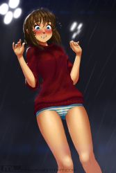 Rule 34 | 1girl, blue eyes, blush, breasts, brooke (mleth), brown hair, cameltoe, cleft of venus, commentary, commission, deviantart username, embarrassed, flying sweatdrops, from below, full-face blush, grimace, hands up, legs, mleth, night, no pants, nose blush, original, panties, parted lips, rain, red sweater, short hair, sleeves pushed up, small breasts, solo, standing, striped clothes, striped panties, sweater, thighs, underwear, wet, wet clothes, wet panties