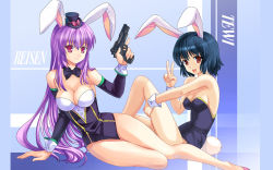 Rule 34 | 2girls, animal ears, arm support, bare legs, bare shoulders, black hair, bow, bowtie, breasts, cleavage, cuffs, female focus, gun, handgun, hat, high heels, holding, inaba tewi, leg hold, legs, leotard, long hair, looking at viewer, medium breasts, multiple girls, open mouth, pico (picollector79), pink eyes, pistol, playboy bunny, purple hair, rabbit ears, rabbit girl, rabbit tail, red eyes, reisen udongein inaba, shoes, short hair, small breasts, smile, tail, touhou, v, wallpaper, weapon, wrist cuffs