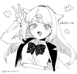 Rule 34 | 1girl, :d, animal ears, blush, borrowed character, bow, bowtie, cat ears, cat girl, collared shirt, cropped torso, ears down, greyscale, hand up, highres, jacket, long bangs, long sleeves, looking at viewer, monochrome, naomato, open clothes, open jacket, open mouth, original, plaid, plaid bow, plaid bowtie, shirt, simple background, smile, solo, umbrella octopus, v, white background