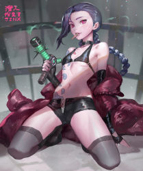 Rule 34 | 1girl, bare shoulders, belt, black footwear, black gloves, blue hair, boots, braid, breasts, bullet, canking, character name, choker, coat, fingerless gloves, flat chest, full body, gloves, grey thighhighs, gun, highres, holding, holding weapon, jinx (league of legends), league of legends, long hair, looking at viewer, midriff, mouth hold, nail polish, navel, off shoulder, parted lips, pink eyes, shoes, shorts, small breasts, smoke, solo, spikes, squatting, tattoo, text focus, thighhighs, very long hair, weapon