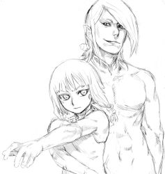 Rule 34 | 00s, 1boy, 1girl, atori, atori (noein), bare shoulders, closed mouth, greyscale, looking at viewer, monochrome, noein, outstretched arms, short hair, simple background, sketch, sleeveless, tank top, tobi (noein), topless, white background