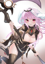 Rule 34 | 1girl, absurdres, bad id, bad pixiv id, belt, black cloak, black dress, black thighhighs, blush, breasts, brown background, center opening, cleavage, cloak, commentary, detached sleeves, dress, floating hair, foot out of frame, gold trim, gradient background, highres, holding, holding scythe, hololive, hololive english, large breasts, long hair, looking at viewer, mori calliope, parted lips, pelvic curtain, pink eyes, pink hair, scythe, see-through, see-through sleeves, side slit, simple background, smile, solo, spikes, takeno omoti, thighhighs, thighs, tiara, v-shaped eyebrows, vambraces, veil, virtual youtuber, white background, white belt