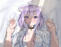 Rule 34 | 1girl, 1other, :3, ahoge, animal ear fluff, animal ears, bed sheet, blush, cat ears, closed mouth, collarbone, collared shirt, facing viewer, highres, holding another&#039;s wrist, hololive, long sleeves, looking at viewer, nekomata okayu, nekomata okayu (oversized shirt), open clothes, open shirt, pov, purple eyes, purple hair, shirt, unbuttoned, upper body, virtual youtuber, wersman, white shirt