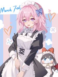 Rule 34 | 1girl, 1other, alternate costume, apron, black dress, blue bow, blue eyes, bow, bowtie, character name, chinese commentary, commentary request, dress, english text, enmaided, flower, hair between eyes, heart, highres, honkai: star rail, honkai (series), light blush, long sleeves, looking at viewer, maid, maid apron, maid headdress, march 7th (honkai: star rail), medium hair, open mouth, pink eyes, pink hair, pom-pom (honkai: star rail), smile, teeth, two-tone eyes, upper teeth only, white bow, white bowtie, zerosama (sailuojiang)
