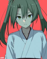 Rule 34 | 1girl, artist name, blush, closed mouth, collarbone, green eyes, green hair, hair between eyes, japanese clothes, kantai collection, long hair, looking at viewer, moti coi, one-hour drawing challenge, red background, signature, simple background, solo, twintails, upper body, zuikaku (kancolle)