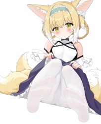 Rule 34 | 1girl, absurdres, animal ears, arknights, blonde hair, blush, clothes lift, feet, fox ears, fox tail, green eyes, gugu0v0, hairband, highres, long hair, looking at viewer, multiple tails, panties, panties under pantyhose, pantyhose, pantyshot, skirt, skirt lift, soles, suzuran (arknights), tail, toes, underwear, white pantyhose