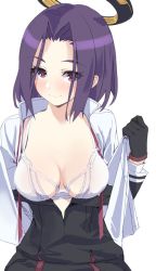Rule 34 | 10s, 1girl, black gloves, bra, breasts, brown eyes, cleavage, commentary request, eyebrows, gloves, halo, kantai collection, looking at viewer, mechanical halo, medium breasts, purple hair, school uniform, short hair, simple background, solo, tatsuta (kancolle), underwear, undressing, white background, white bra, yahako