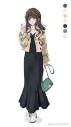Rule 34 | 1girl, :o, bag, black dress, blue eyes, blush, boots, brown hair, cellphone, color guide, commentary, dated commentary, dress, full body, green bag, hair over shoulder, hand up, highres, holding, holding bag, holding phone, jacket, jewelry, kakuremino7928, long dress, long hair, long sleeves, looking at viewer, necklace, open clothes, open jacket, open mouth, original, phone, puffy long sleeves, puffy sleeves, shadow, shirt, shoulder bag, simple background, sleeves past wrists, smartphone, smile, standing, turtleneck shirt, twitter username, wavy hair, white background, white footwear, white shirt, yellow jacket