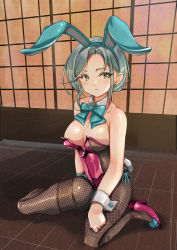 Rule 34 | 1girl, absurdres, adapted costume, alternate costume, animal ears, borrowed design, bow, bowtie, breasts, covered navel, detached collar, fake animal ears, fake tail, fishnet pantyhose, fishnets, forehead, grey hair, high heels, highres, indoors, kantai collection, leotard, looking at viewer, medium breasts, medium hair, mole, mole on neck, pantyhose, playboy bunny, rabbit ears, rabbit tail, short hair, side-tie leotard, sitting, sliding doors, solo, strapless, strapless leotard, tail, tamanami (kancolle), traditional bowtie, wariza, wrist cuffs, yashin (yasinz), yellow eyes