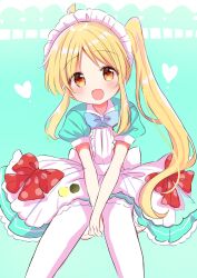 Rule 34 | 1girl, :d, ahoge, alternate costume, between legs, blonde hair, blush, bocchi the rock!, bow, bowtie, brown eyes, collared dress, dress, enmaided, eyebrows hidden by hair, feet out of frame, frills, hair ornament, hand between legs, heart, highres, ijichi nijika, knees together feet apart, long hair, looking at viewer, maid, maid headdress, nanami ayane (kusunoki5050), open mouth, own hands together, pantyhose, puffy short sleeves, puffy sleeves, red bow, short sleeves, side ponytail, simple background, sitting, smile, solo, v arms, white pantyhose