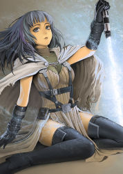 Rule 34 | 1girl, belt, black gloves, blue eyes, blue hair, boots, cape, energy sword, gloves, gradient background, high heel boots, high heels, highres, jchoy, lightsaber, matching hair/eyes, original, planted, pouch, sitting, solo, star wars, sword, thigh boots, thighhighs, wariza, weapon