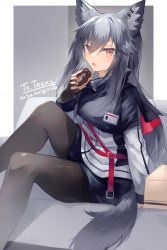 Rule 34 | 1girl, animal ear fluff, animal ears, arknights, arm support, artist name, black gloves, black hair, black pantyhose, black skirt, box, cardboard box, commentary request, commission, doughnut, ear piercing, fang, feet out of frame, fingerless gloves, food, gloves, hair between eyes, highres, holding, holding food, id card, knee up, long hair, open mouth, pantyhose, piercing, sasa onigiri, shirt, sitting, skeb commission, skin fang, skirt, solo, tail, texas (arknights), white shirt, wolf ears, wolf tail, yellow eyes