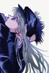 Rule 34 | 2boys, androgynous, araziru nnn, black hair, black headwear, black shirt, blonde hair, blurry, closed mouth, covered face, crystal, depth of field, earrings, from side, gem, hand on another&#039;s head, hand up, hat, highres, hug, hunter x hunter, jewelry, kurapika, leorio paladiknight, long hair, long sleeves, male focus, multiple boys, profile, red eyes, red gemstone, shirt, simple background, solo focus, spiked hair, sunglasses, surprised, upper body, white background, wig