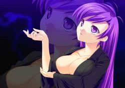 Rule 34 | 1girl, breast hold, breasts, cleavage, coat, collarbone, fingernails, kinoshita ichi, large breasts, long fingernails, long hair, looking up, original, parted lips, purple eyes, purple hair, shiny skin, solo, upper body, zoom layer