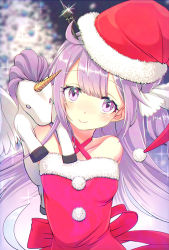 Rule 34 | 1girl, azur lane, bare shoulders, blush, breasts, christmas, closed mouth, collarbone, commentary request, criss-cross halter, dress, fur-trimmed dress, fur-trimmed headwear, fur trim, hair bun, hair ribbon, halterneck, hat, hayosena, head tilt, long hair, looking at viewer, one side up, purple eyes, purple hair, red dress, red hat, revision, ribbon, santa costume, santa hat, side bun, single hair bun, single side bun, small breasts, smile, solo, sparkle, stuffed animal, stuffed pegasus, stuffed toy, stuffed unicorn, stuffed winged unicorn, unicorn (azur lane), upper body, very long hair, white ribbon