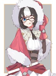 Rule 34 | 1girl, ;p, arm warmers, azur lane, belt, black hair, black ribbon, blue eyes, blush, border, breasts, brown border, brown corset, capelet, commentary request, corset, cowboy shot, dress, eskimo (azur lane), fur-trimmed capelet, fur trim, glasses, gloves, grey background, hanamizuki yuuki, hand up, highres, looking at viewer, medium breasts, multicolored hair, neck ribbon, one eye closed, red capelet, red dress, red gloves, ribbon, round eyewear, short hair, sidelocks, simple background, smile, solo, standing, thumbs up, tongue, tongue out, two-tone dress, two-tone hair, white background, white belt, white hair