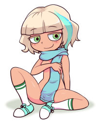 Rule 34 | 1girl, ass, blue scarf, blush, breasts, convenient censoring, covering privates, covering breasts, dark-skinned female, dark skin, disney, freckles, green eyes, jackie lynn thomas, looking at viewer, multicolored hair, nollety, scarf, shiny skin, shoes, short hair, small breasts, smile, sneakers, socks, solo, spread legs, star vs the forces of evil, two-tone hair, white background, white hair