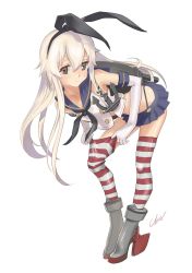 Rule 34 | 10s, 1girl, adjusting clothes, adjusting legwear, anchor hair ornament, bent over, black panties, blonde hair, blue eyes, elbow gloves, gloves, hair ornament, hairband, highleg, highleg panties, highres, kantai collection, long hair, looking at viewer, machinery, microskirt, panties, school uniform, serafuku, shimakaze (kancolle), signature, simple background, skirt, solo, striped clothes, striped thighhighs, thighhighs, umeno ryuuji, underwear, white background, white gloves