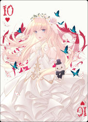 Rule 34 | 1girl, alice (alice in wonderland), alice in wonderland, bad id, bad pixiv id, blonde hair, blue eyes, bride, bug, butterfly, card, dress, elbow gloves, fingerless gloves, flower, gloves, hair flower, hair ornament, hat, highres, insect, long hair, looking at viewer, merry hearm, open mouth, playing card, poker, ribbon, simple background, smile, solo, wedding dress, white background, white flower, white gloves