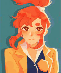 Rule 34 | + +, 1girl, aqua background, blush, brown eyes, coat, detective, eyelashes, freckles, ghost trick, hairband, high ponytail, highres, jacket, looking at viewer, lynne (ghost trick), nose blush, orange hair, police, police badge, police uniform, portrait, red hair, shadow, short eyebrows, solo, trench coat, uniform, vitamincera, yellow jacket