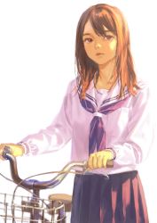 Rule 34 | 1girl, bicycle, brown eyes, brown hair, closed mouth, commentary request, highres, long sleeves, looking at viewer, neckerchief, original, pleated skirt, purple neckerchief, purple skirt, sailor collar, school uniform, serafuku, shirt, simple background, skirt, solo, standing, tunapon01, white background, white sailor collar, white shirt