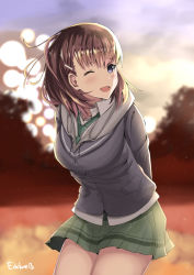 Rule 34 | 1girl, ;d, arms behind back, artist name, bad id, bad pixiv id, blurry, blurry background, blush, edelweiss (wsparkz), green neckwear, green skirt, hair ornament, hairclip, highres, just because!, looking to the side, natsume mio, one eye closed, open mouth, school uniform, skirt, smile, solo, standing