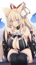 Rule 34 | 1girl, animal ear fluff, animal ears, bare shoulders, black thighhighs, blonde hair, blue eyes, bow, breasts, cleavage, collar, detached sleeves, earrings, fang, fox ears, hair bow, heart, heart-shaped pupils, hibikine iroca, highres, hitodama, jewelry, large breasts, long hair, low-tied long hair, magrona channel, nail polish, osafune kairi, red nails, single earring, sitting, skin fang, smile, solo, symbol-shaped pupils, thighhighs, virtual youtuber