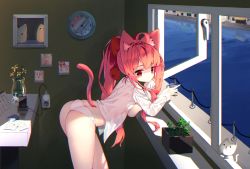 Rule 34 | 1girl, absurdres, animal ear fluff, animal ears, arched back, ass, blush, bow, breast press, breasts, cat ears, cat girl, cat tail, clock, closed mouth, commentary request, cup, day, dress shirt, flower, hair bow, highres, holding, holding cup, indoors, large breasts, leaning forward, long hair, long sleeves, looking at viewer, looking to the side, mug, no pants, open clothes, open shirt, open window, original, panties, pink hair, red bow, red eyes, shirt, sleeves past wrists, solo, table, tail, tail raised, tandohark, twintails, underwear, vase, very long hair, wall clock, water, white panties, white shirt, window, yellow flower