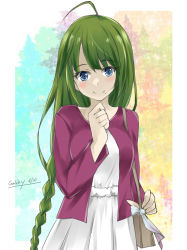 Rule 34 | 1girl, bag, blue eyes, braid, cowboy shot, dress, gakky, green hair, jacket, kantai collection, long hair, looking at viewer, mole, mole under mouth, official alternate costume, one-hour drawing challenge, purple jacket, single braid, solo, very long hair, white dress, yuugumo (kancolle)