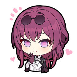 1girl black_jacket cavcaz chibi commentary cropped_torso eyewear_on_head heart honkai:_star_rail honkai_(series) jacket kafka_(honkai:_star_rail) long_hair looking_at_viewer lowres open_clothes open_jacket purple_eyes purple_hair shirt simple_background smile solo sunglasses upper_body white_background white_shirt