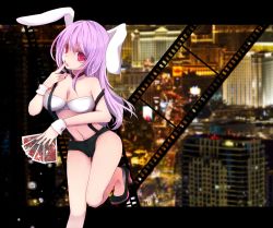 Rule 34 | 1girl, animal ears, breasts, rabbit ears, card, city, city lights, cityscape, cleavage, crop top, film strip, finger to mouth, high heels, holding, holding card, large breasts, las vegas, long hair, looking at viewer, natsuki (ukiwakudasai), off shoulder, photo background, pink eyes, purple hair, rabbit girl, reisen udongein inaba, solo, standing, standing on one leg, suspenders, touhou, wrist cuffs