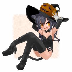 Rule 34 | 1girl, animal ears, bare shoulders, black hair, black thighhighs, blush, cat ears, cat tail, elbow gloves, flat chest, gloves, hat, high heels, highres, jack-o&#039;-lantern, kittysuit, kochiya (gothope), leotard, long hair, looking at viewer, nontraditional playboy bunny, open mouth, original, solo, tail, thighhighs, witch hat, wrist cuffs, yellow eyes
