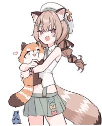 Rule 34 | 1girl, absurdres, animal, animal ear fluff, animal hug, brown hair, fang, green skirt, hair ornament, hairclip, hat, heart, highres, komachi panko, long hair, looking at viewer, lyrinne, mouse (animal), open mouth, phase connect, red eyes, red panda, red panda ears, red panda girl, red panda tail, shirt, simple background, skin fang, skirt, sleeveless, sleeveless shirt, smile, thick eyebrows, virtual youtuber, white background, white hat, white shirt