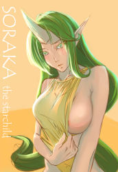 Rule 34 | 1girl, absurdres, alternate hair color, alternate skin color, bare shoulders, breasts, character name, dryad soraka, female focus, fuwaro no piow, green eyes, green hair, highres, horns, large breasts, league of legends, matching hair/eyes, pointy ears, single horn, solo, soraka (league of legends), undressing, upper body, wensin124