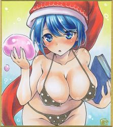 Rule 34 | 1girl, bare shoulders, bikini, black bikini, blob, blue eyes, blue hair, blush, book, breasts, bubble, chano (chacapoco37), cleavage, collarbone, colored pencil (medium), covered erect nipples, cowboy shot, doremy sweet, gradient background, groin, hat, holding, large breasts, leaning forward, legacy of lunatic kingdom, looking at viewer, navel, nightcap, open mouth, polka dot, polka dot bikini, red hat, short hair, signature, solo, swimsuit, touhou, traditional media