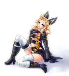 Rule 34 | 1girl, ahoge, alternate costume, blonde hair, blue eyes, blush, boots, bravely default: flying fairy, bravely default (series), edea lee, full body, gloves, high heel boots, high heels, long hair, looking at viewer, monorus, revealing clothes, smile, solo, star (symbol), star print, thigh strap, thighhighs, white background, white thighhighs