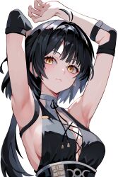 Rule 34 | 1girl, armpits, bare shoulders, black hair, breasts, colored inner hair, cross-laced clothes, cross-laced top, earrings, elbow pads, eyeliner, female rover (wuthering waves), grey hair, hair ornament, highres, jewelry, long hair, looking at viewer, low ponytail, makeup, multicolored hair, red eyeliner, rover (wuthering waves), sideboob, sleeveless, solo, tor (torkrub111), two-tone hair, wuthering waves, yellow eyes