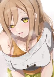 Rule 34 | 1girl, absurdres, blonde hair, blush, breasts, breath, cleavage, collarbone, commentary, dripping, hair between eyes, head tilt, highres, kunikida hanamaru, large breasts, layered shirt, leaning forward, long hair, looking at viewer, love live!, love live! sunshine!!, open mouth, shikaokura, shirt, short sleeves, sidelocks, simple background, solo, sparkling sweat, sweat, sweat stain, sweaty clothes, t-shirt, upper body, white background, white shirt, yellow eyes
