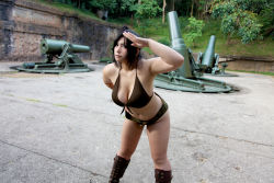 Rule 34 | armpits, arms up, belly, bikini, black hair, boots, breasts, chouzuki maryou, hand on own hip, hanging breasts, hip focus, large breasts, looking at viewer, military, photo (medium), plump, salute, side ponytail, swimsuit, thick thighs, thighs, wide hips