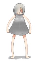 Rule 34 | 10s, 1girl, blue eyes, crying, full body, grey hair, hair ornament, hair over one eye, hamakaze (kancolle), kantai collection, kei (soundcross), legs apart, looking down, meme attire, short hair, simple background, solo, tears, virgin killer sweater, white background, wide stance