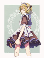 Rule 34 | 1girl, adapted costume, alternate costume, apron, black bow, blonde hair, bow, breasts, brown dress, commentary request, cowboy shot, dress, enmaided, green eyes, hair between eyes, hair bow, half updo, highres, looking back, maid, maid apron, maid day, maid headdress, mallet, mizuhashi parsee, nail, pointy ears, puffy short sleeves, puffy sleeves, short hair, short ponytail, short sleeves, shousuke (sketch shot), signature, simple background, small breasts, solo, touhou, twitter username, white apron, white bow