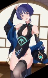 1boy :p black_shirt chinese_clothes chobonu clothing_cutout genshin_impact highres japanese_clothes looking_at_viewer male_focus purple_eyes purple_hair scaramouche_(genshin_impact) shirt short_hair smile solo thighhighs tongue tongue_out vision_(genshin_impact)